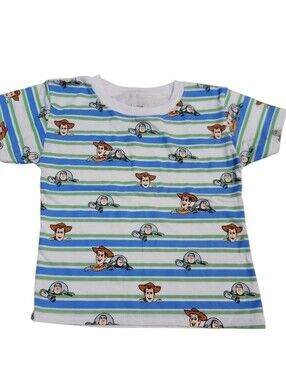 Kids Striped Toy Story Character Tee in White, Blue & Green